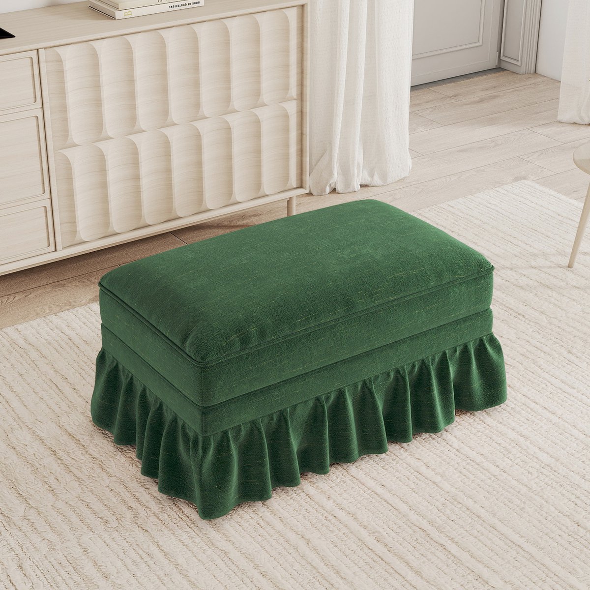 REDOM - Hocker - Chenille bekleding - Gevuld zitvlak - Afneembare ruchesskirt - Windsor-stijl - Voor binnen - Groen - 90 x 56,6 x 49 cm