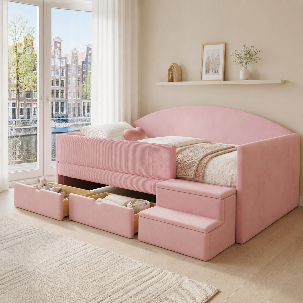 WUVRIE Slaapbank 90x190 cm met 2 lades, veiligheidshekje en trap, roze