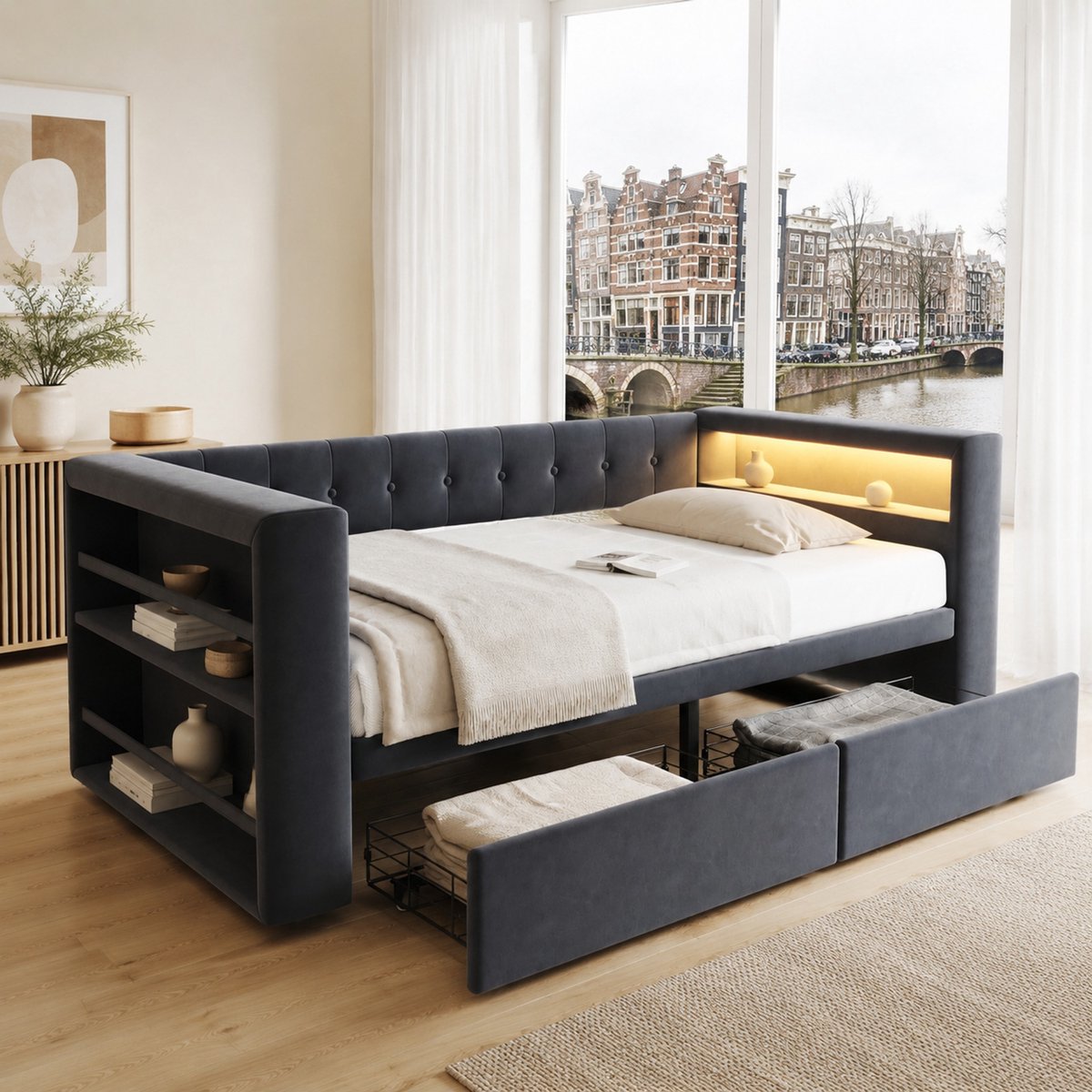 WUVRIE Slaapbank 90x190 cm met opbergruimte, LED-verlichting, stopcontact en 2 lades, donkergrijs