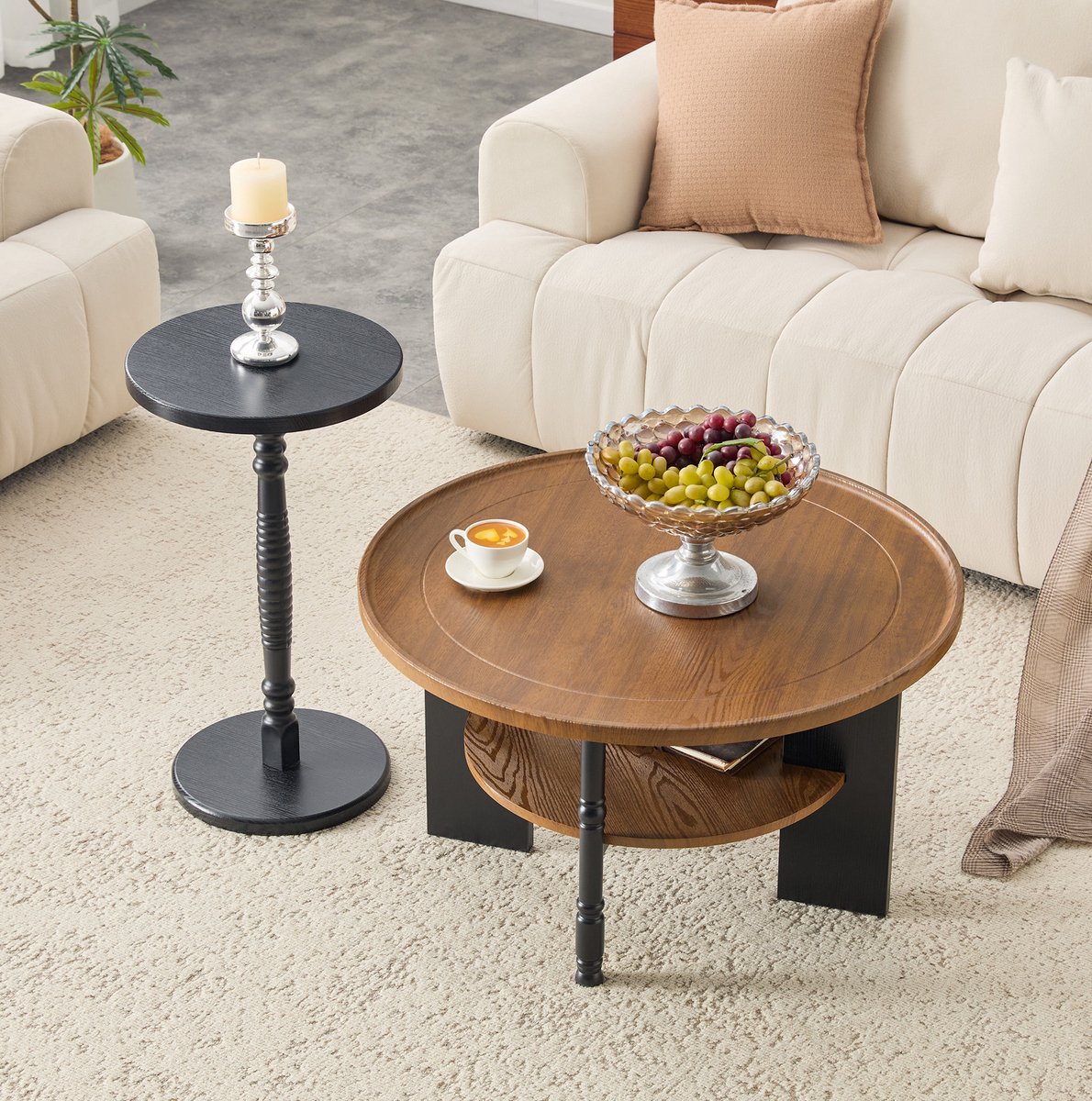 MODFU-Salontafel Set-2-Delig-Rond-Walnootkleur-Zwart-MDF-Met Opbergruimte