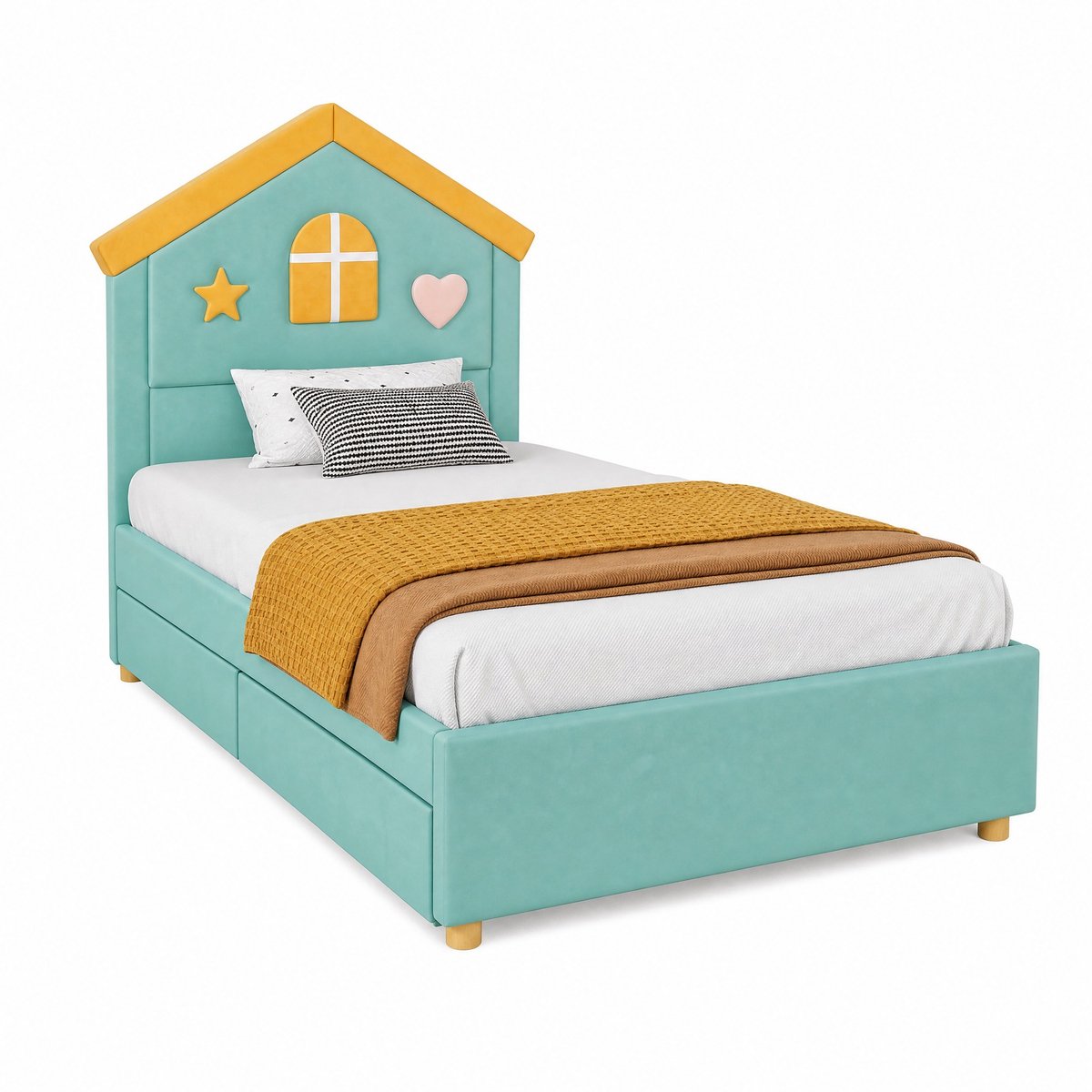 WUVRIE Kinderbed 90x200 cm huisbed met 4 lades, blauwgroen voor kinderkamer