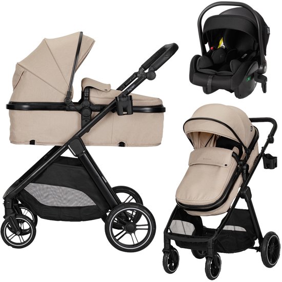 Combinatie van een cappuccino kinderwagen, baby-autostoel en wieg.