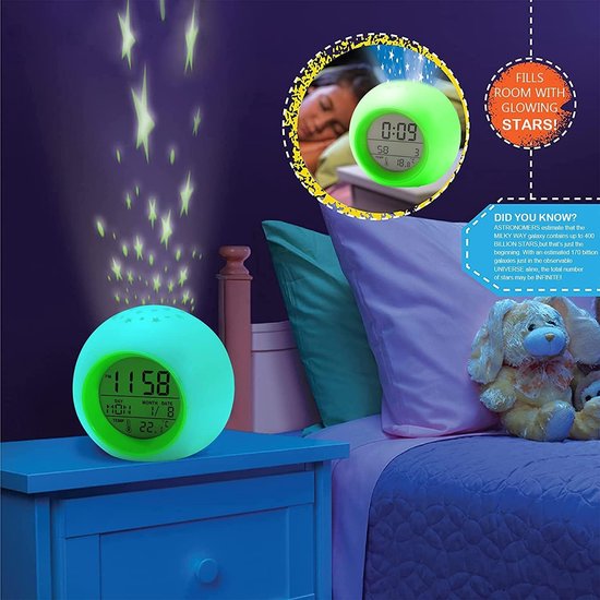 Digitale kinderwekker - Sterrenprojector wekker - Kinderkamer sfeerverlichting - 7 Kleuren Projectie - 9 x 10 cm - Groen — afbeelding 5