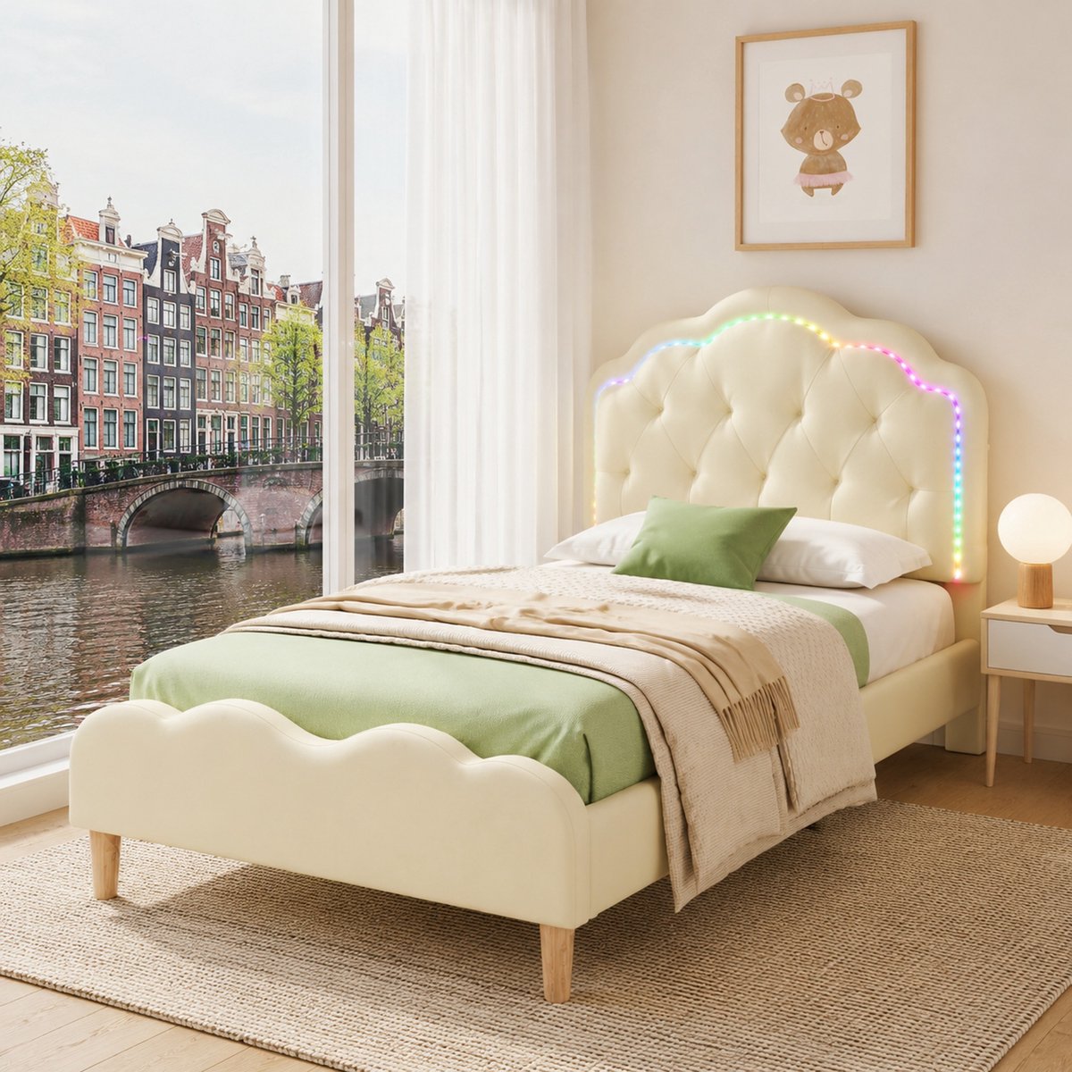 WUVRIE Polsterbed 90x200 cm met golvend hoofdbord, LED-verlichting en lattenbodem, beige