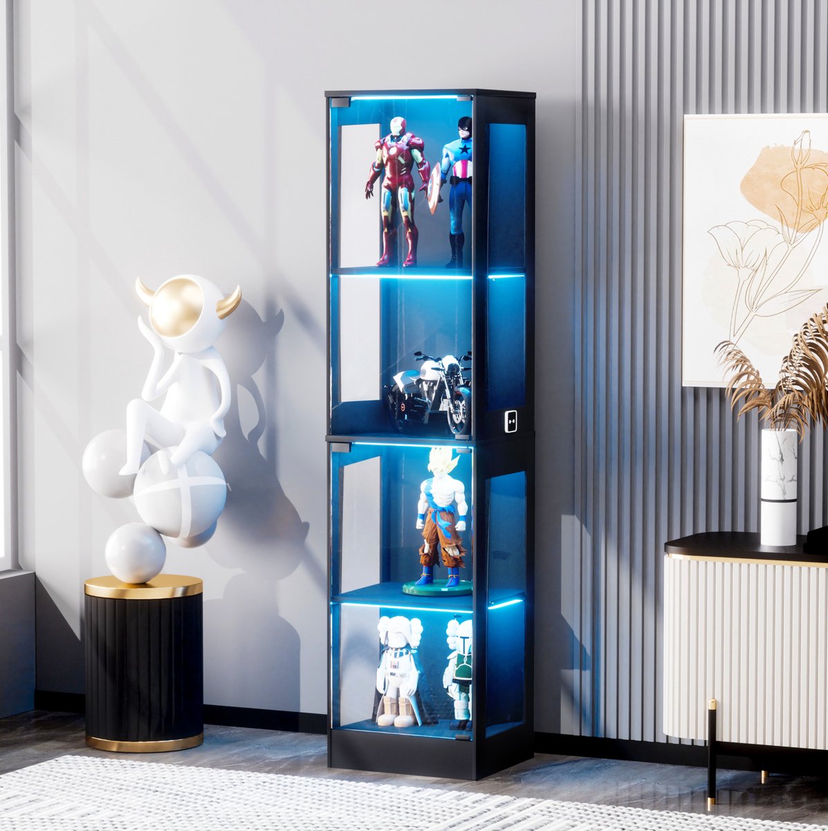 MODFU - Glasvitrine - Vitrinekast - 4 Lagen - LED Verlichting - Sensor - Glazen Deuren - Zwart