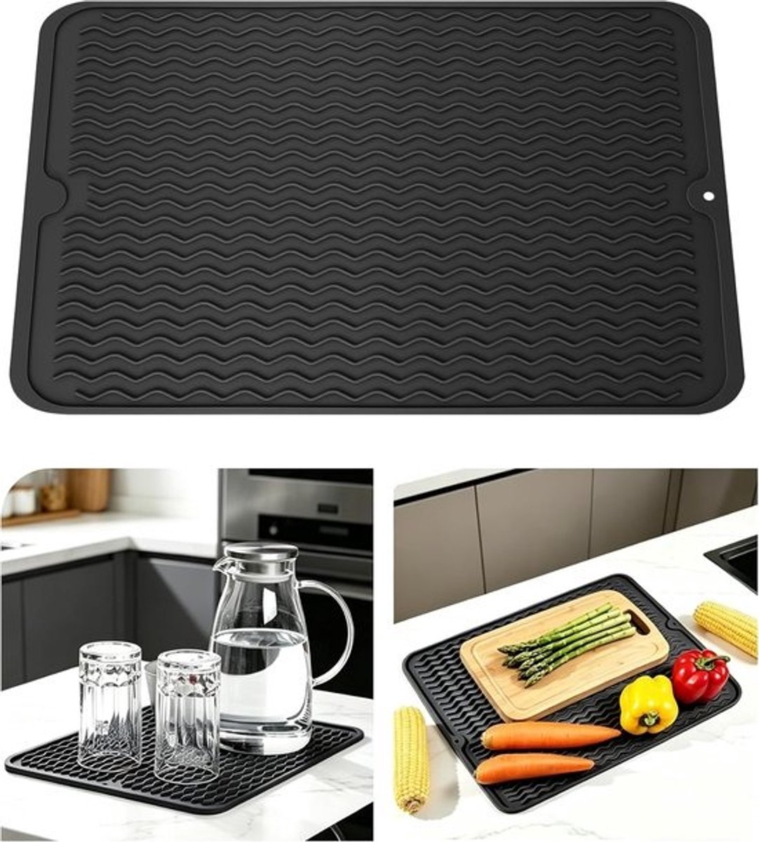 Siliconen Afdruipmat - Keukenspoelmat Droogmat - Servies Drogen - Sneldrogend Antislip - 40x30 cm - Grijs