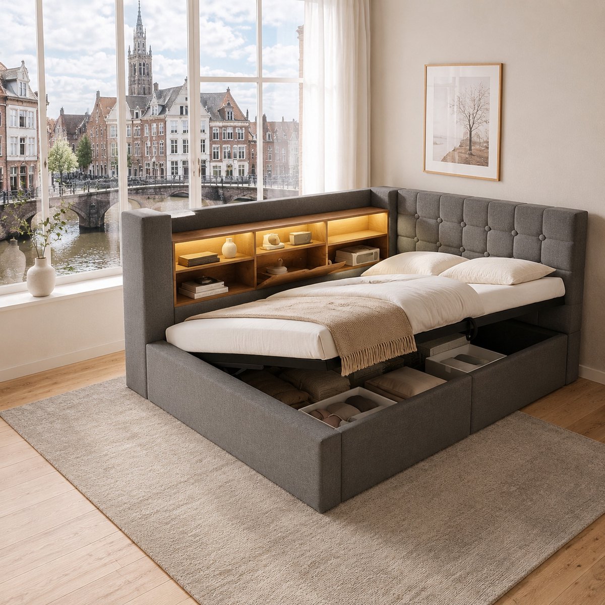 WUVRIE Eenpersoonsbed 90x200 cm met LED, opbergruimte, lattenbodem en USB, grijs