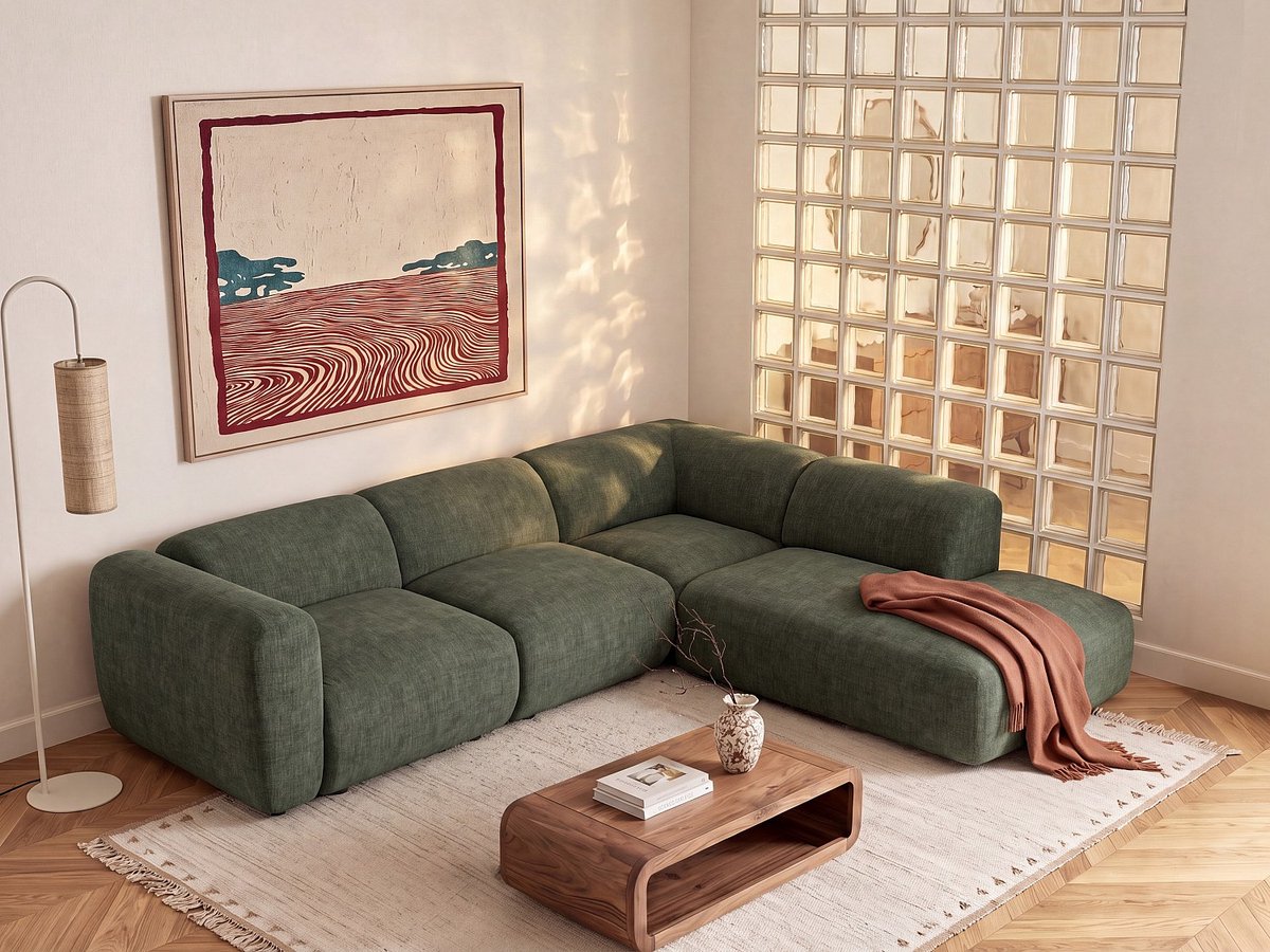 Vente-unique Grote modulaire zitbank met hoek en chaise longue rugleuning in groene stof van Maison Céphy POGNI