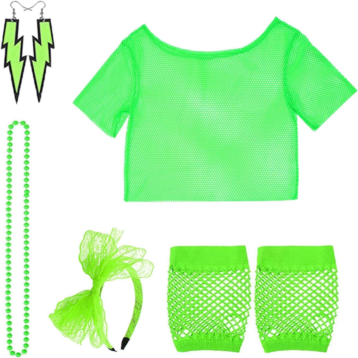 Jaren '80 en '90 retro outfit voor dames, off-shoulder netshirt, neon bovenstuk, cosplay, carnavalskostuum, met handschoenen, eenheidsmaat, feestoutfit voor themafeesten