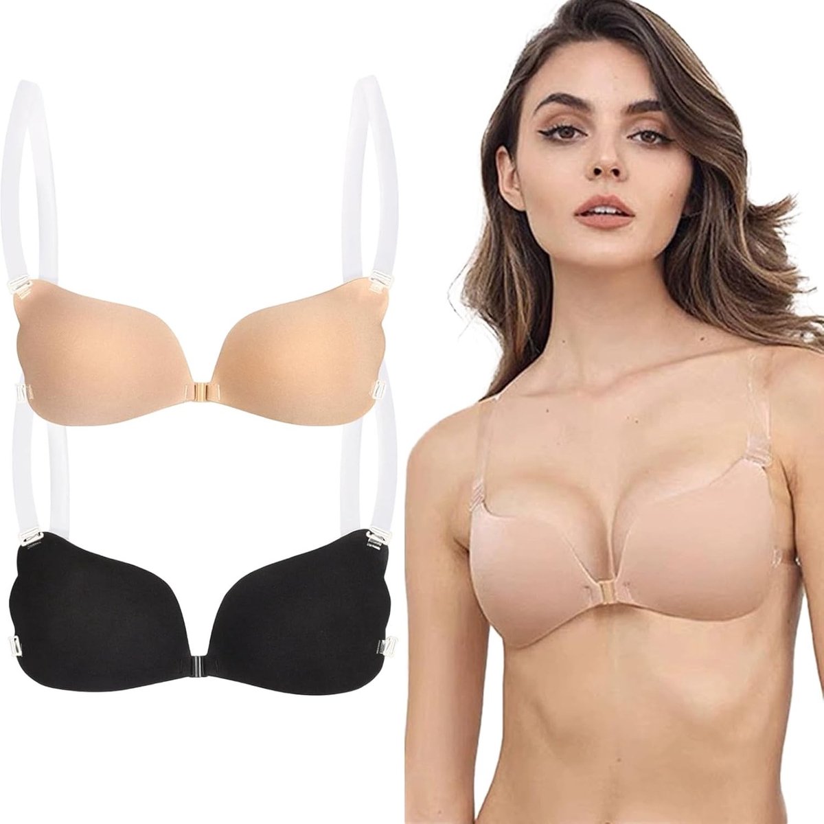 2 Stuks Sticky Push Up Bh met Verwijderbare Doorzichtige Bandjes - Onzichtbare Herbruikbare Kleefbeha voor Dames, Perfect voor Rugloze en Strapless Jurken bij Bruiloften en Avondfeesten