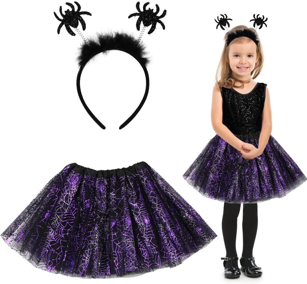 Kinderen Tovenaar Kostuum voor Halloween, Meisjes Tutu met Spinnenrok en Haarband, Perfect voor Carnaval en Cosplay Feestjes