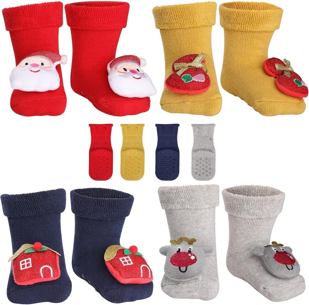 4 Paar Baby Sokken voor Kerstmis, Antislip Sokken voor Jongens en Meisjes, Comfortabele Stopper Sokken voor 0-36 Maanden