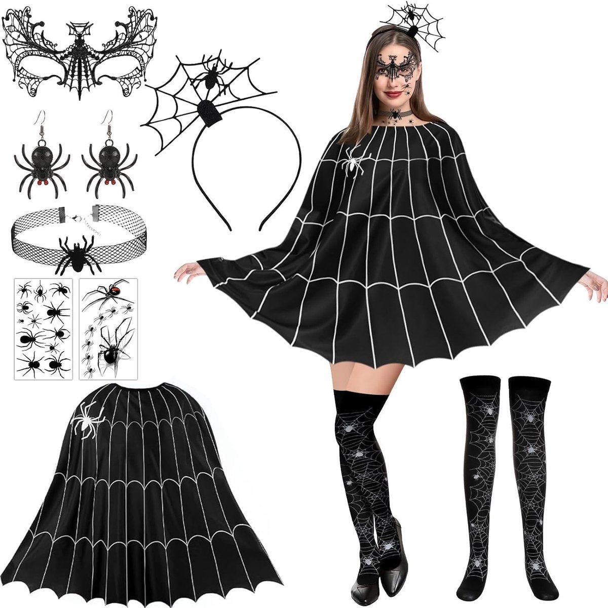 Halloween Kostuum voor Vrouwen - 7-delig Spinnen Kostuum met Spinnenweb Jurk, Poncho en Hoofdband voor Feestelijke Halloween Avonden