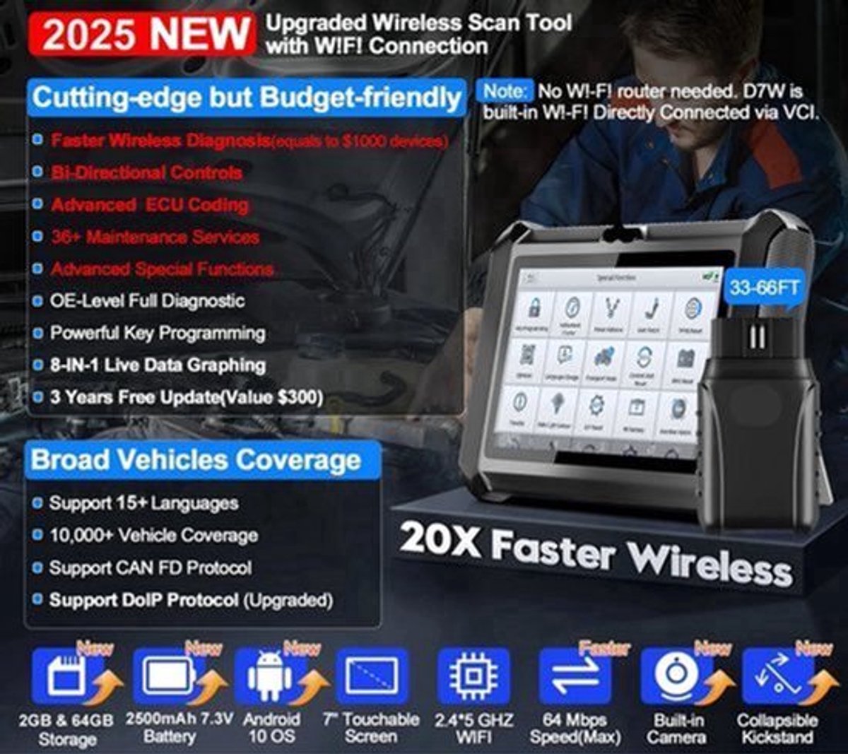 Autodiagnose Scanner – Auto Diagnosetool – Foutcode Lezer – Sleutelprogrammering – WiFi Verbinding – 7-Inch Touchscreen
