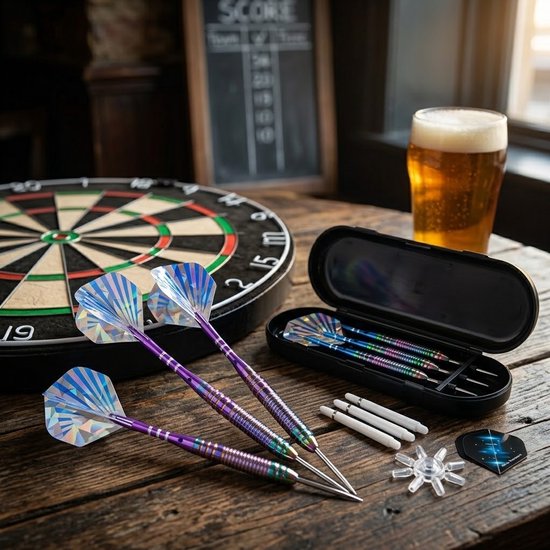 Blauw zilverkleurige dartpijlen 23 gram – 3 stuks steel tip darts met metalen punten – dartpijlen set met geribbelde grip en geometrische flights – inclusief extra shafts, flights, ringen en opbergdoos — afbeelding 2