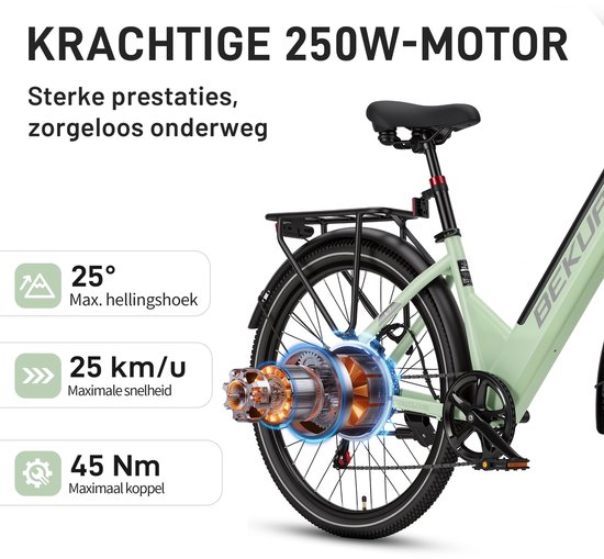 Bekup V1 26 inch elektrische lage instap fiets - Comfortabele stadsfiets - 36V 14,5Ah accu - 250W achterwielmotor - Actieradius tot 75 km - Shimano 7 versnellingen - Verende voorvork - Geveerde zadelpen - Pistachegroen — afbeelding 5