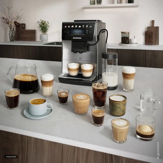 Zilverkleurige Siemens volautomaat met diverse koffiedranken, waaronder espresso, latte macchiato en cappuccino.