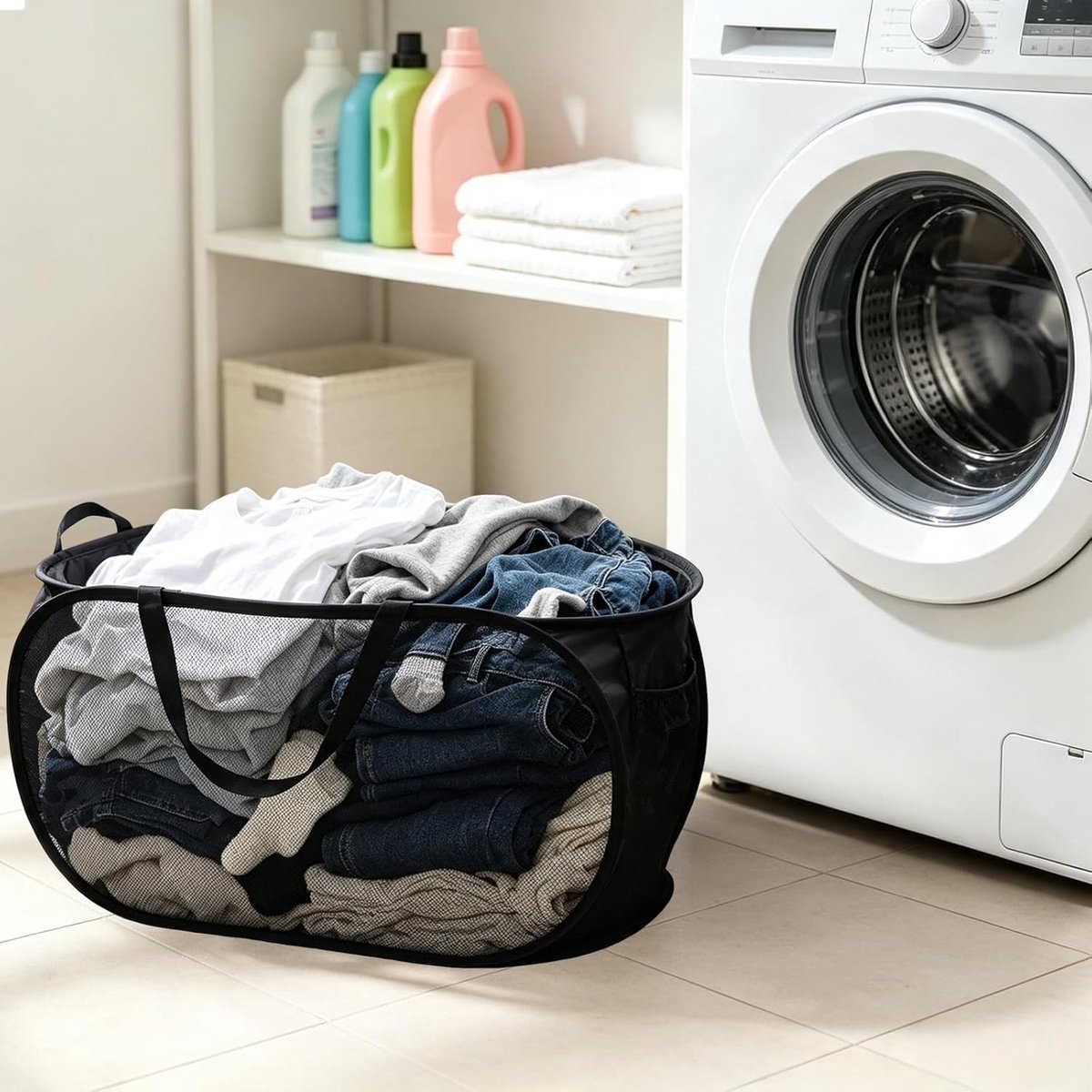 2 stuks Opvouwbare wasmand - pop-up wasmand - wasmand met hengsels en zijvakken - Opbergmand - voor slaapkamer, wasruimte en camperreizen - 36 x 36 x 56 cm — cadeau in Cadeau-ideeën - foto 5