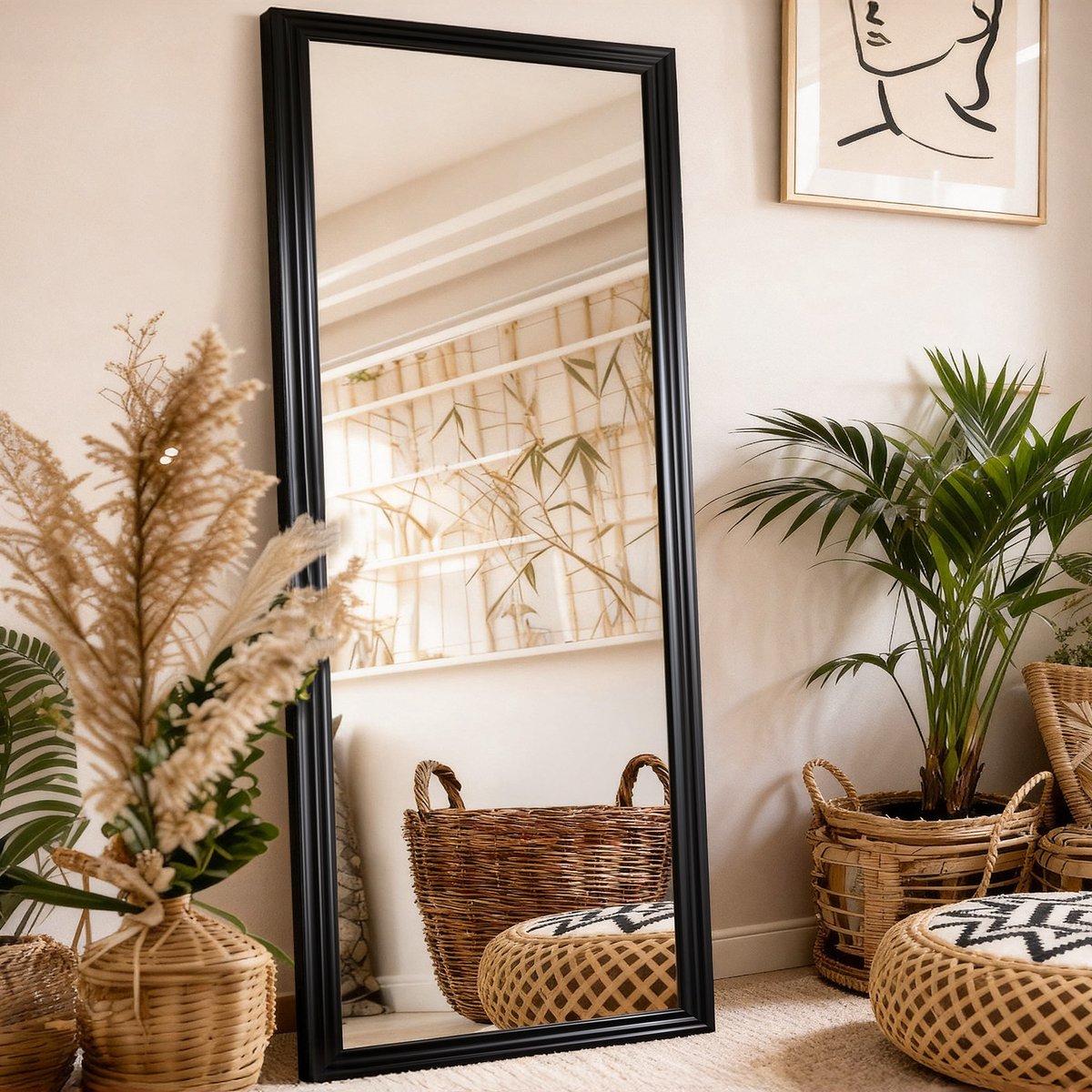 MIVRAY Spiegel Staande Rechthoek 160 x 50 cm Hout En Metaal Zwart Verstelbare Hoek Voor Woonkamer, Winkel En Salon Modern