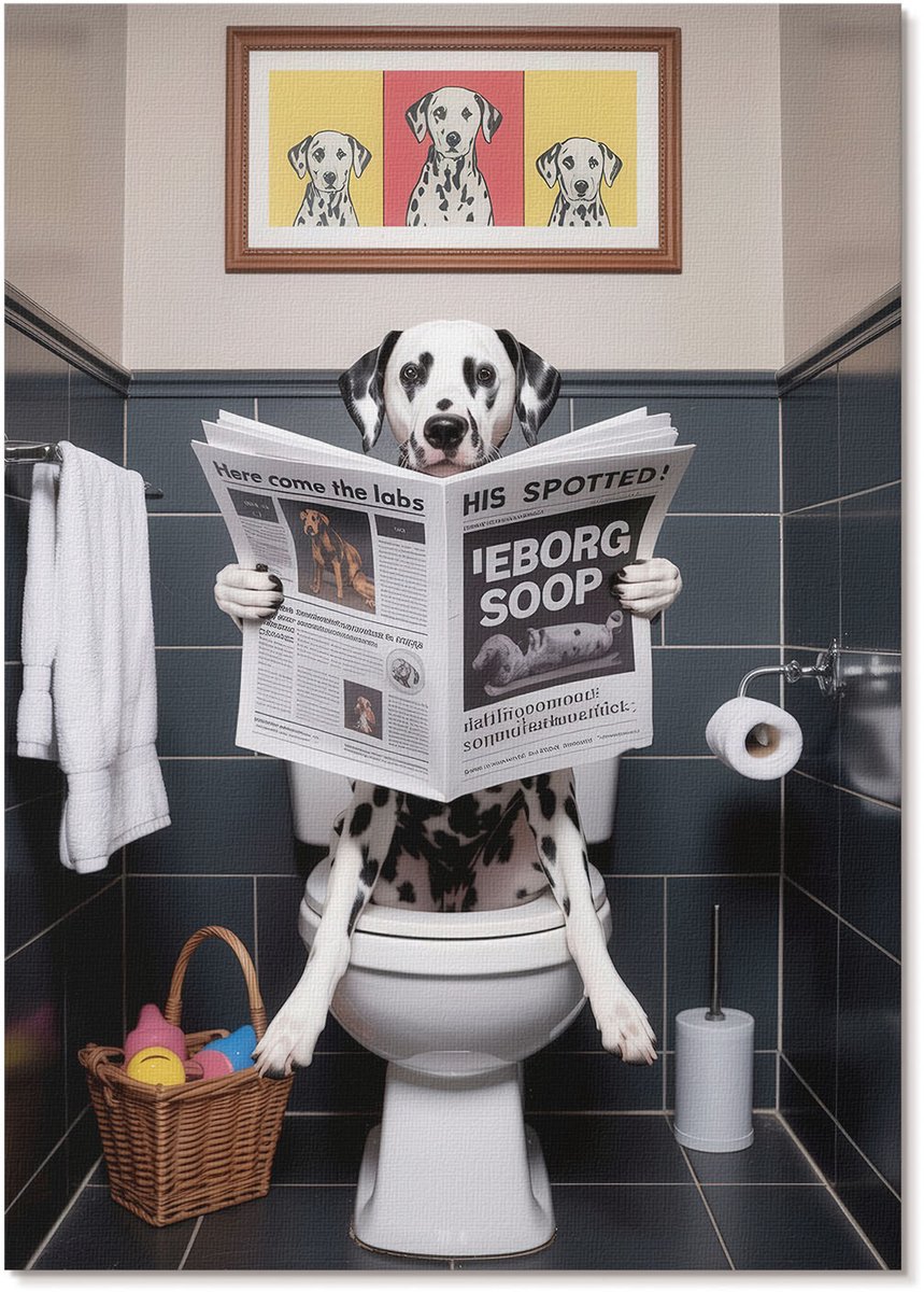 Tulup Polycanvas Wandposter - Dalmatiër Op Het Toilet, Illustratie - A4 - Wit Wanddecoratie - Rechthoek - Muurkunst - Woonkamer, Slaapkamer, Kantoor - Humoristisch