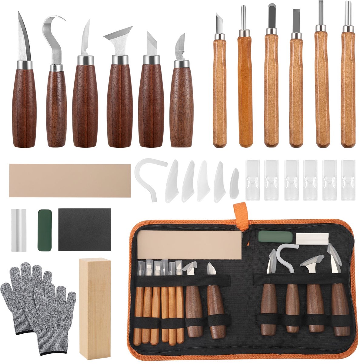 CINK & Co Houtsnijgereedschapset met 12 messen - Met snijbestendige handschoenen en opbergtas - Voor beginners en gevorderden