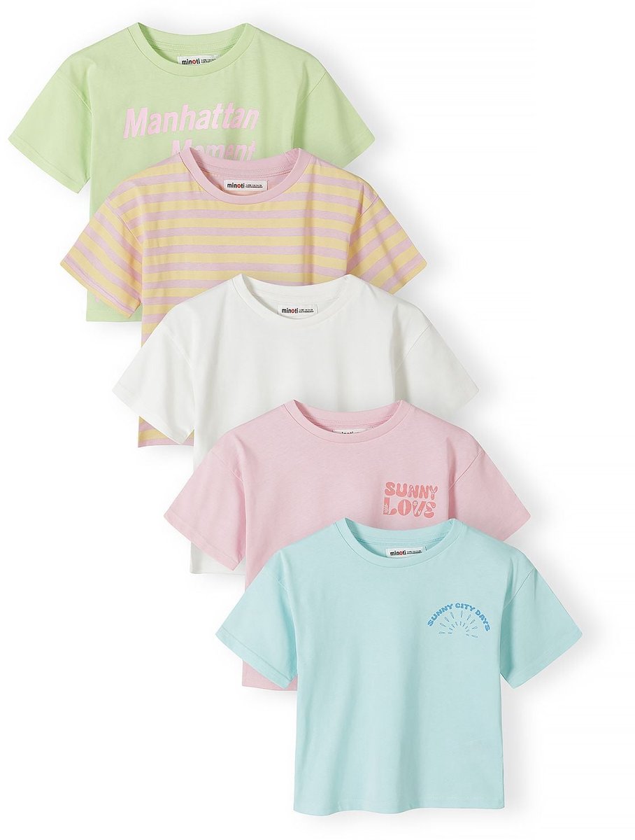 Minoti T-shirt meisjes 5-pack pastel prints - 100% katoen - lichtblauw