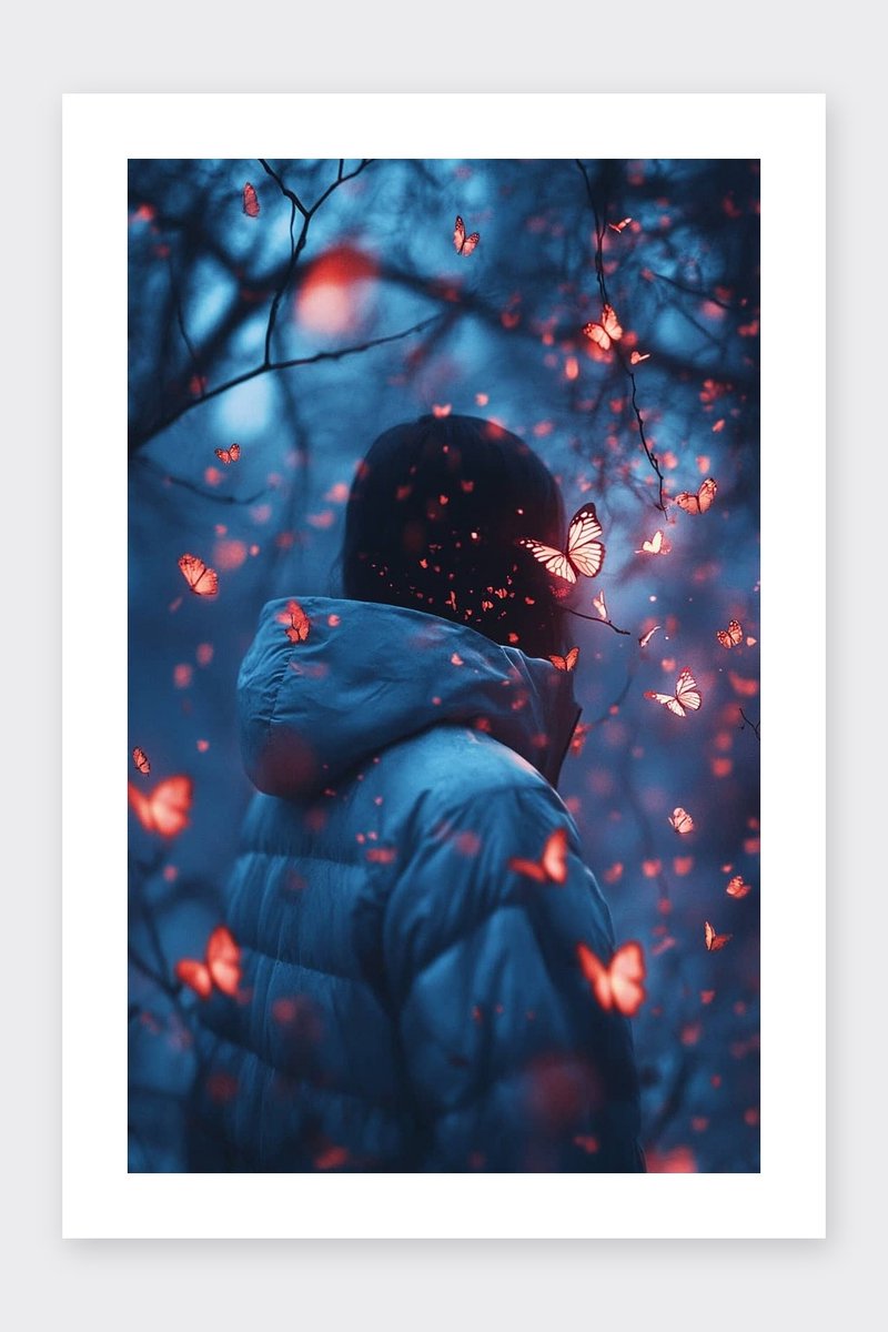 Vlinder Poster - Meisje - Natuur - Fantasie - Wildernis - Dieren - Mysterie - Mystiek - posters - formaat 30x40cm - Wanddecoratie - BXS5101MT - Met kader - passe-partouts stijl