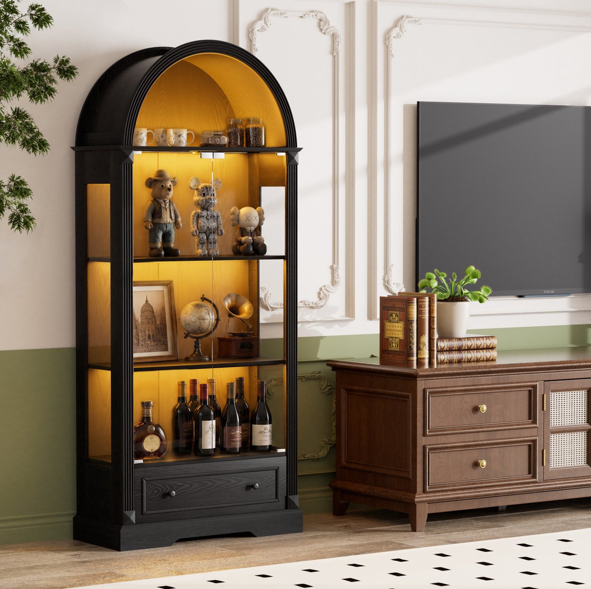 MIVRAY Vitrinekast - LED Verlichting En Glasdeuren - 80 X 35 X 180 Cm - MDF En Glas - Zwart - Landelijke Woonkamer En Eetkamer