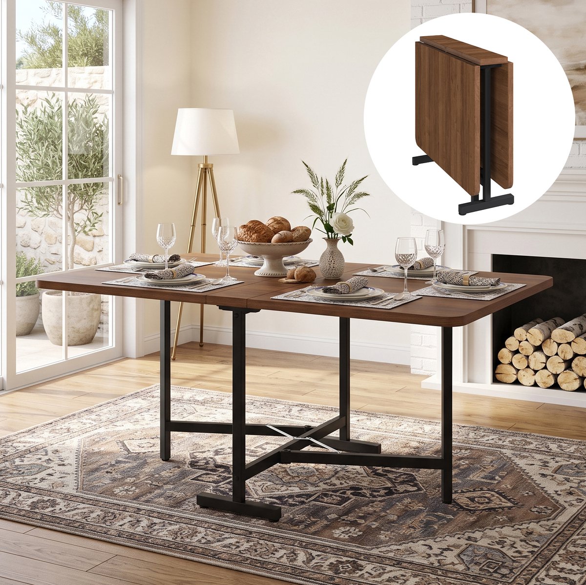 MODENUIT Eettafel - Uitschuifbaar En Opklapbaar - Voor Eetkamer En Woonkamer - MDF En Metaal - 120x80 Cm - Walnoot