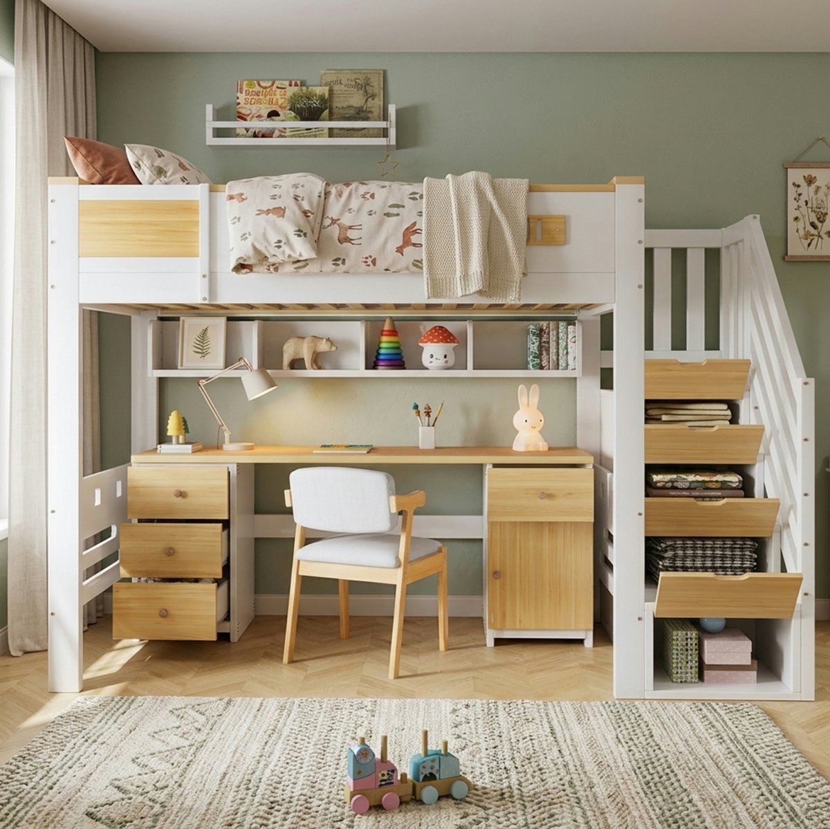 Hoogslaper 90x200cm Zonder Matras – Bed Met Schrijftafel, Lades, Opbergtrede En Hangrek – Voor Kinderkamer – Wit Natuurlijk Hout