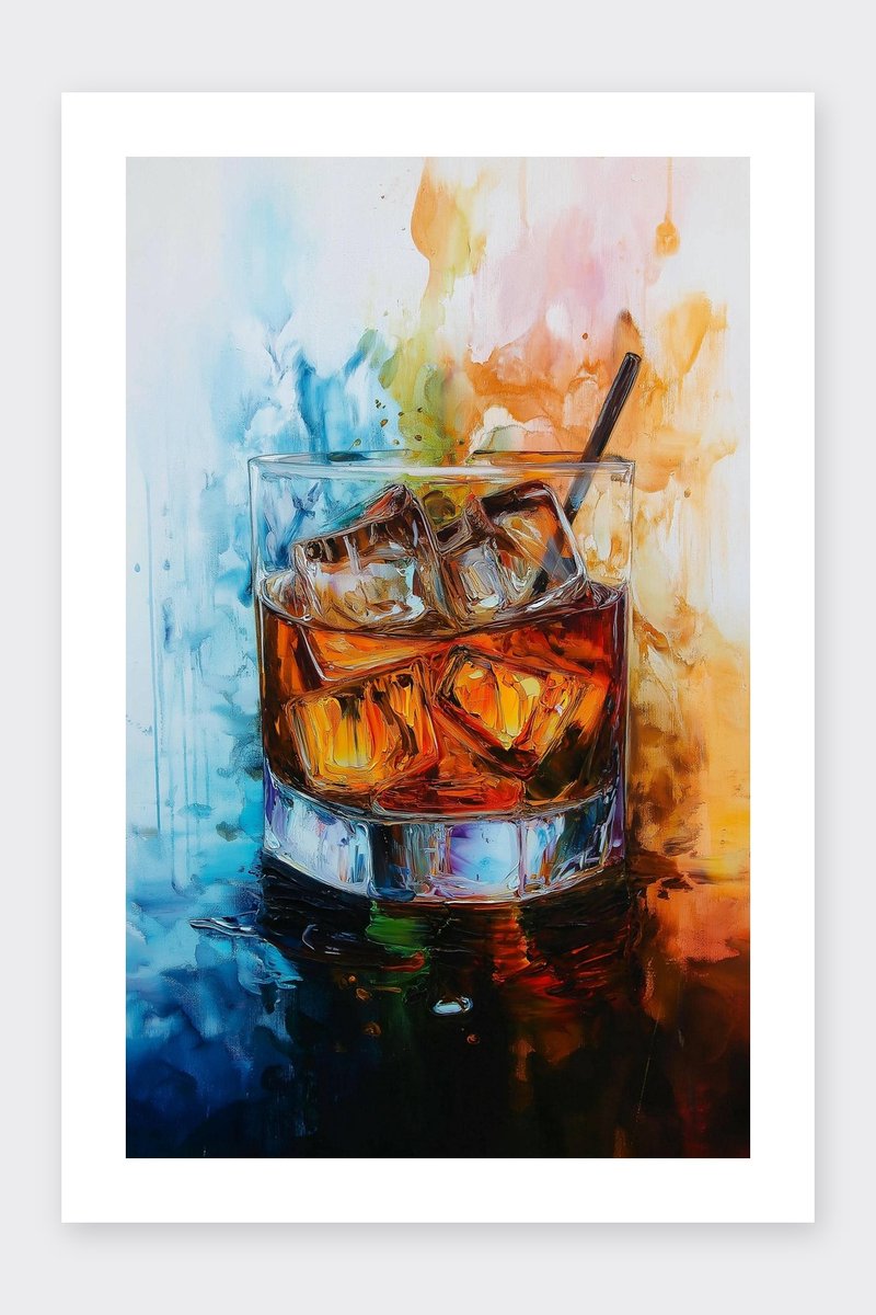 Whiskey Poster - Aquarel - Drank - Kunst - Vintage - Alcohol - Bar - posters - formaat 30x40cm - Wanddecoratie - BXS5411KMD - Met kader - passe-partouts stijl