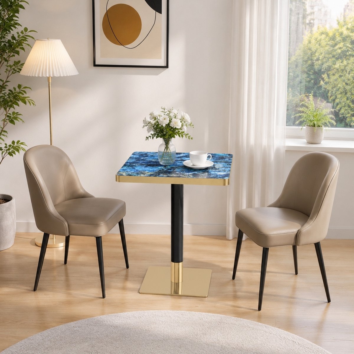 MODENUIT Eettafel - Vierkant Met Marmerlook - Voor Woonkamer En Bistro - MDF En Metaal - 60x60x74 Cm - Blauw