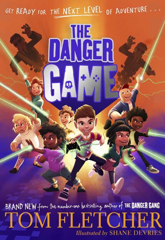 Boekomslag met de titel 'The Danger Game' en acht kinderen die avontuurlijk poseren met lasers.