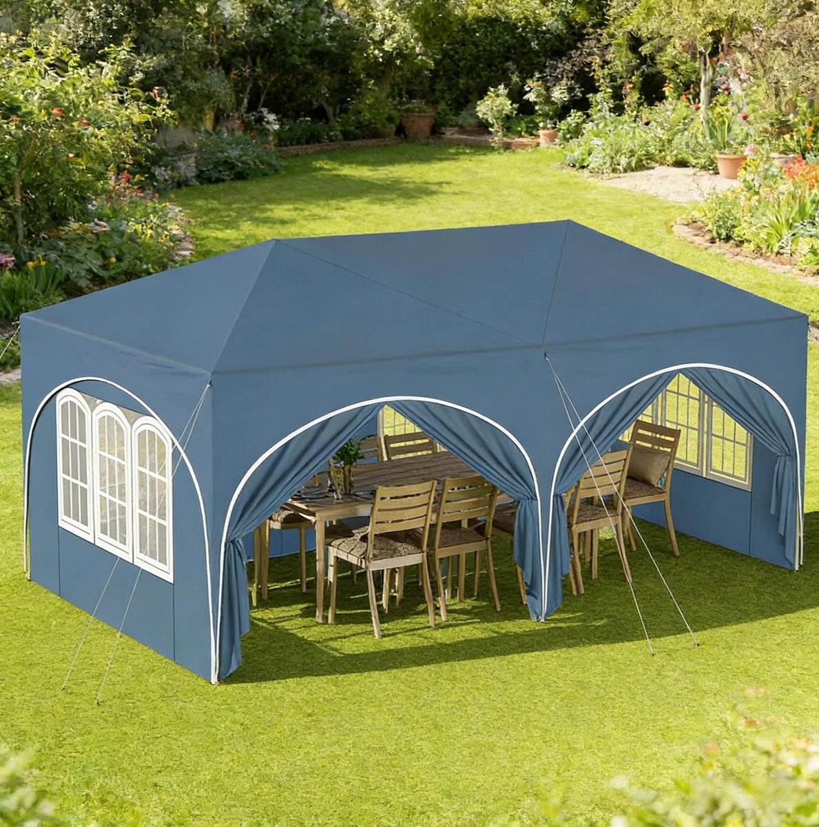 Wishdor Partytent - 6 afneembare zijwanden - Opvouwbaar en in hoogte verstelbaar - Paviljoen voor tuin, feest en evenement - Oxford stof - Blauw - 583 x 293 x 265 cm