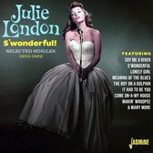 Albumhoes 'S'wonderful!' van Julie London, met de zangeres in een strapless jurk, zittend voor een microfoon. "Julie London S'wonderful! SELECTED SINGLES 1955-1962"
