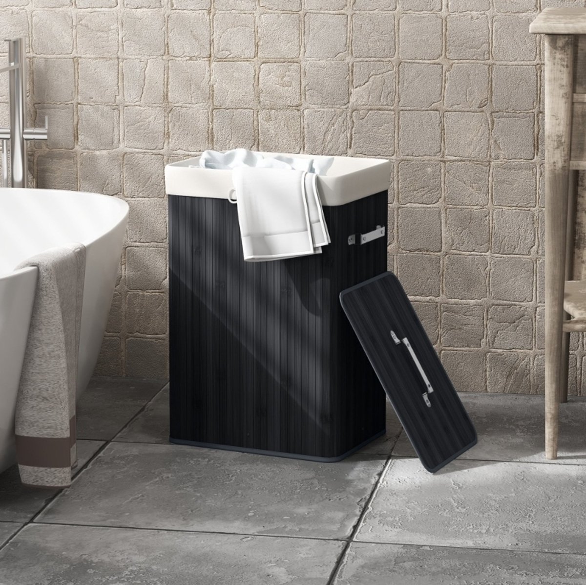 MODFU - Wasmand Met Deksel - Uitneembare Waszak - Opvouwbaar - Bamboe En Canvas - Zwart - 72L