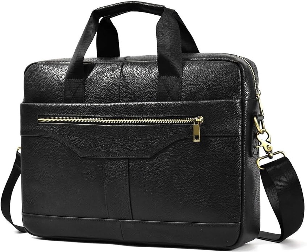 PolkaHome Leren Laptoptas 15.6 inch - Zwarte Schoudertas met Goudkleurige Ritsen