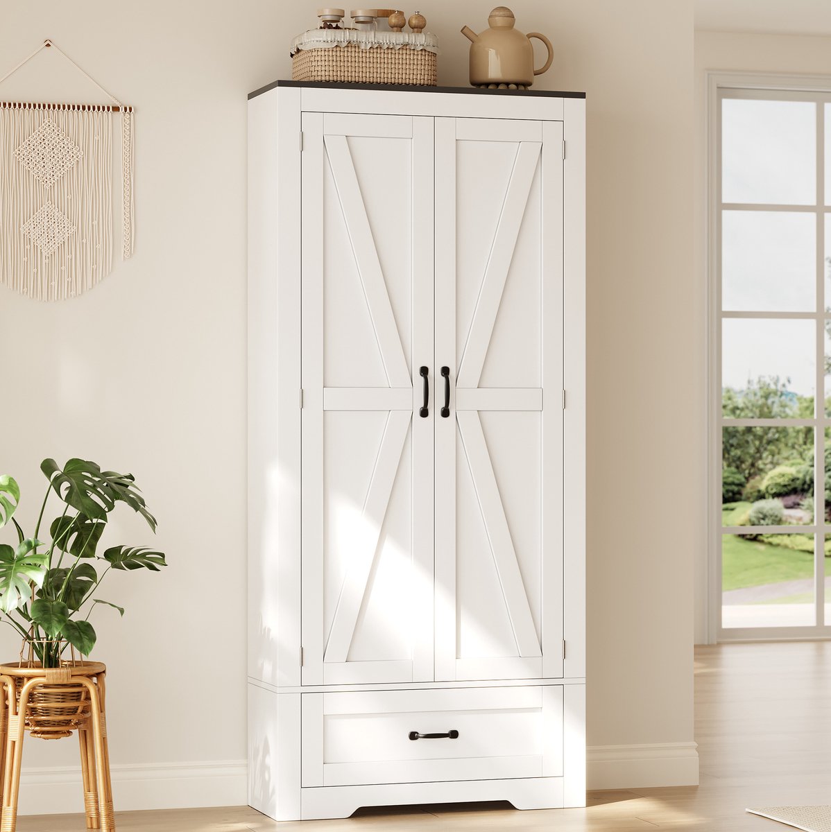 FloraGrace Keukenkast - Hoge Voorraadkast Met 2 Deuren En 1 Lade - Voor Keuken, Woonkamer En Eetkamer - MDF - Wit - 80 x 35 x 183 cm