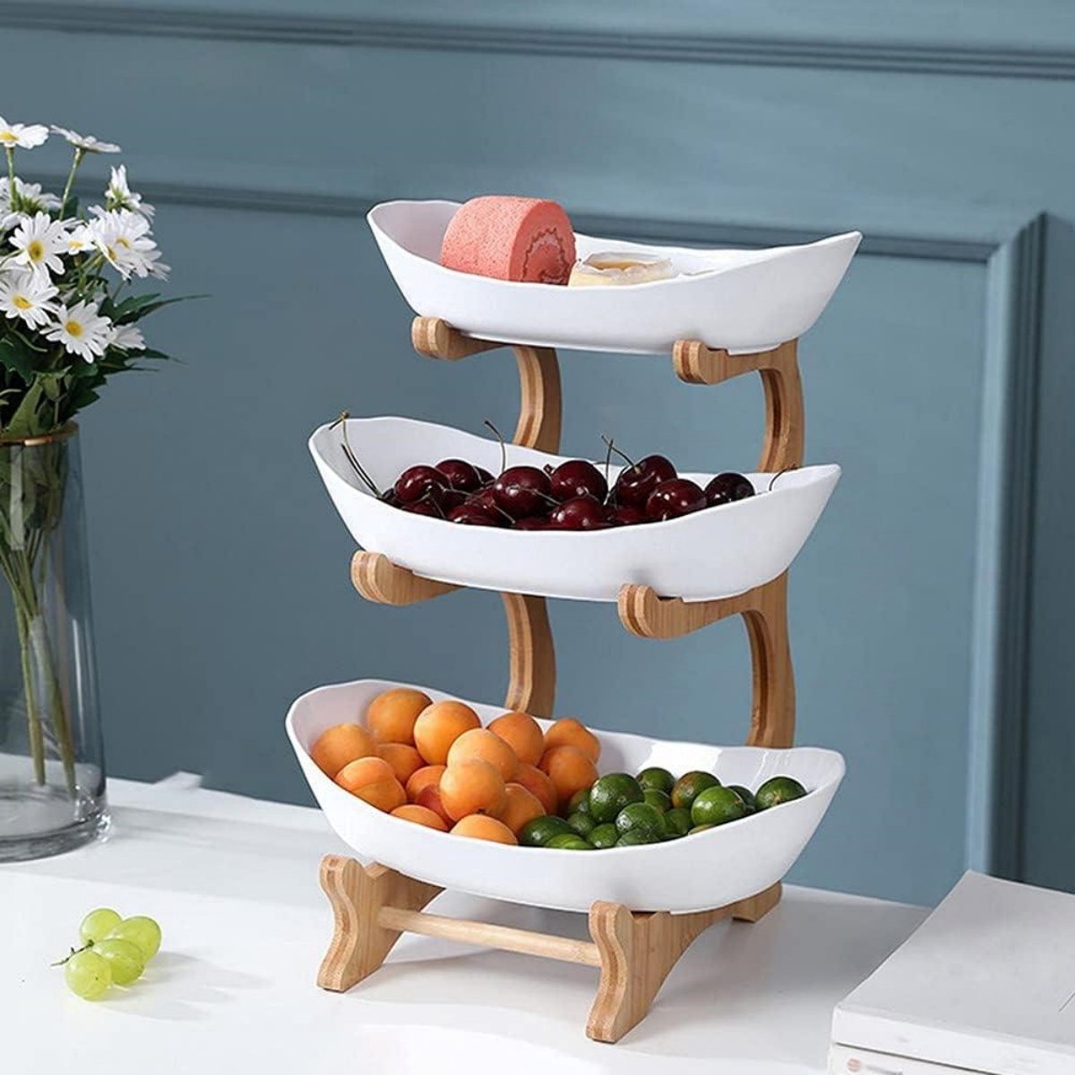 SSTRWGOOD Fruitschillen - 3-Stuks Fruitmand - Keuken Opbergmand - 25x35x15cm - Versterkt en Stevig Ontwerp - Makkelijk Schoon te Maken - Geschikt voor Keuken, Eetkamer en Bar - Kunststof - Complete Set voor Fruit en Snacks