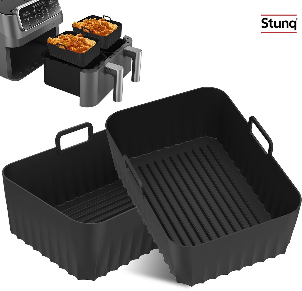 Stunq® Herbruikbare siliconen airfryer mandjes (2 stuks) – zwart, antiaanbaklaag, hittebestendig