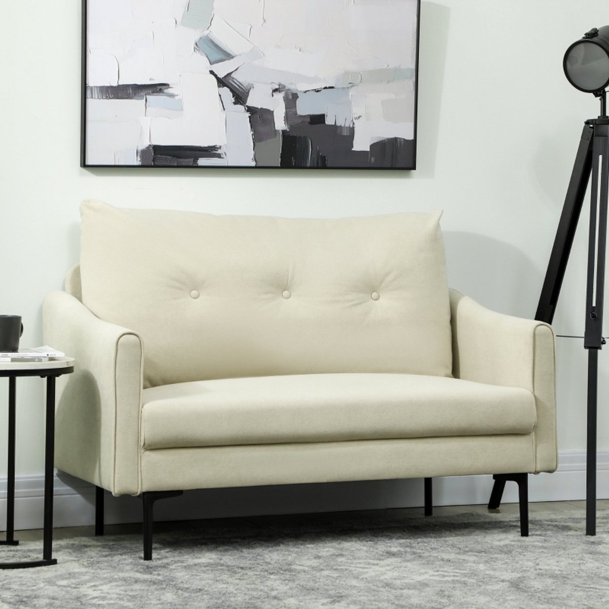 2-zits zitbank - 124 x 73 x 92 cm - met schuimvulling - inclusief kussens - met metalen frame - met gecapitonneerde rugleuning - Crèmewit