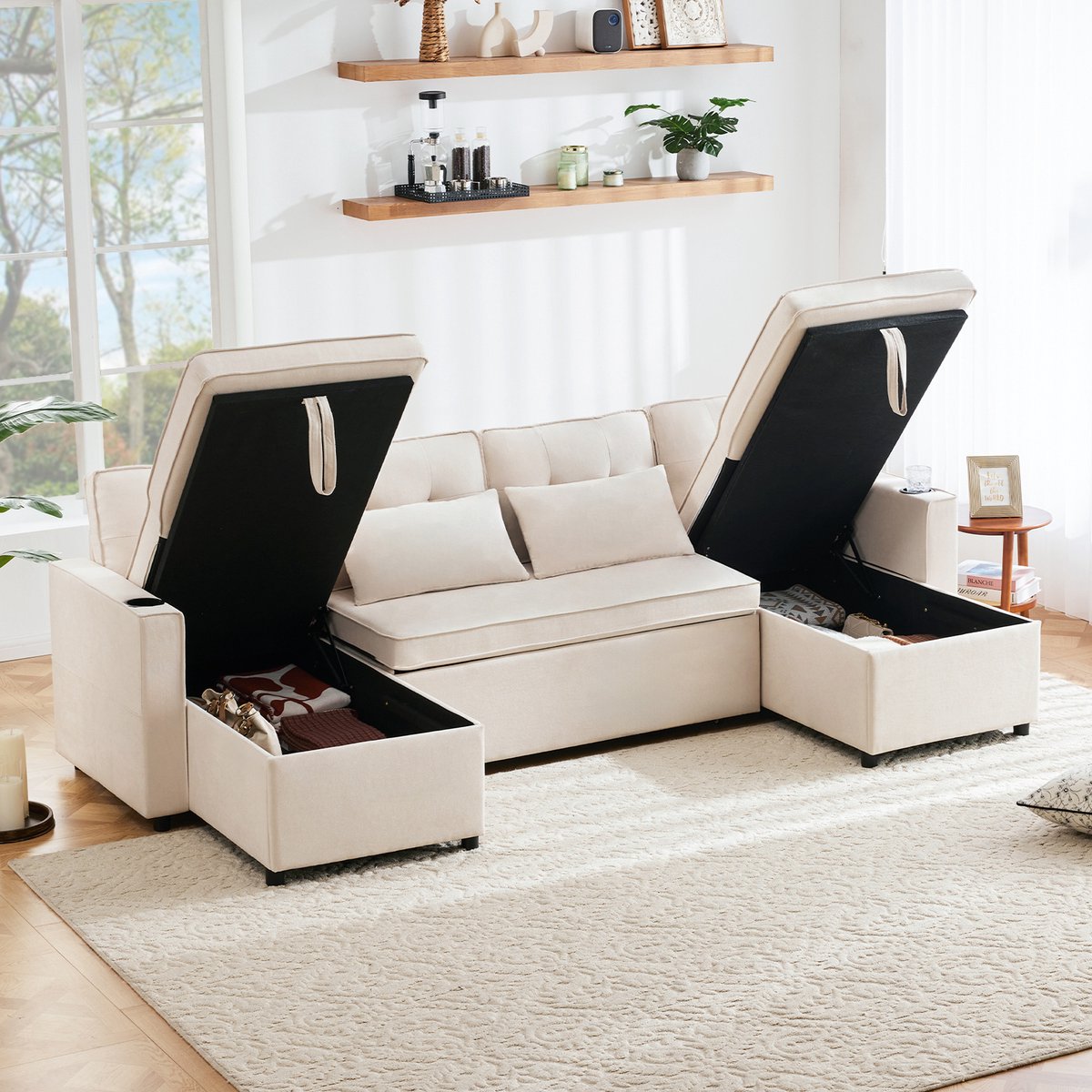 4-zits U-bank - 270 x 130 x 86 cm - linnenlook bekleding - met slaapfunctie - met opbergruimte - met bekerhouders - met armleuningen - Beige
