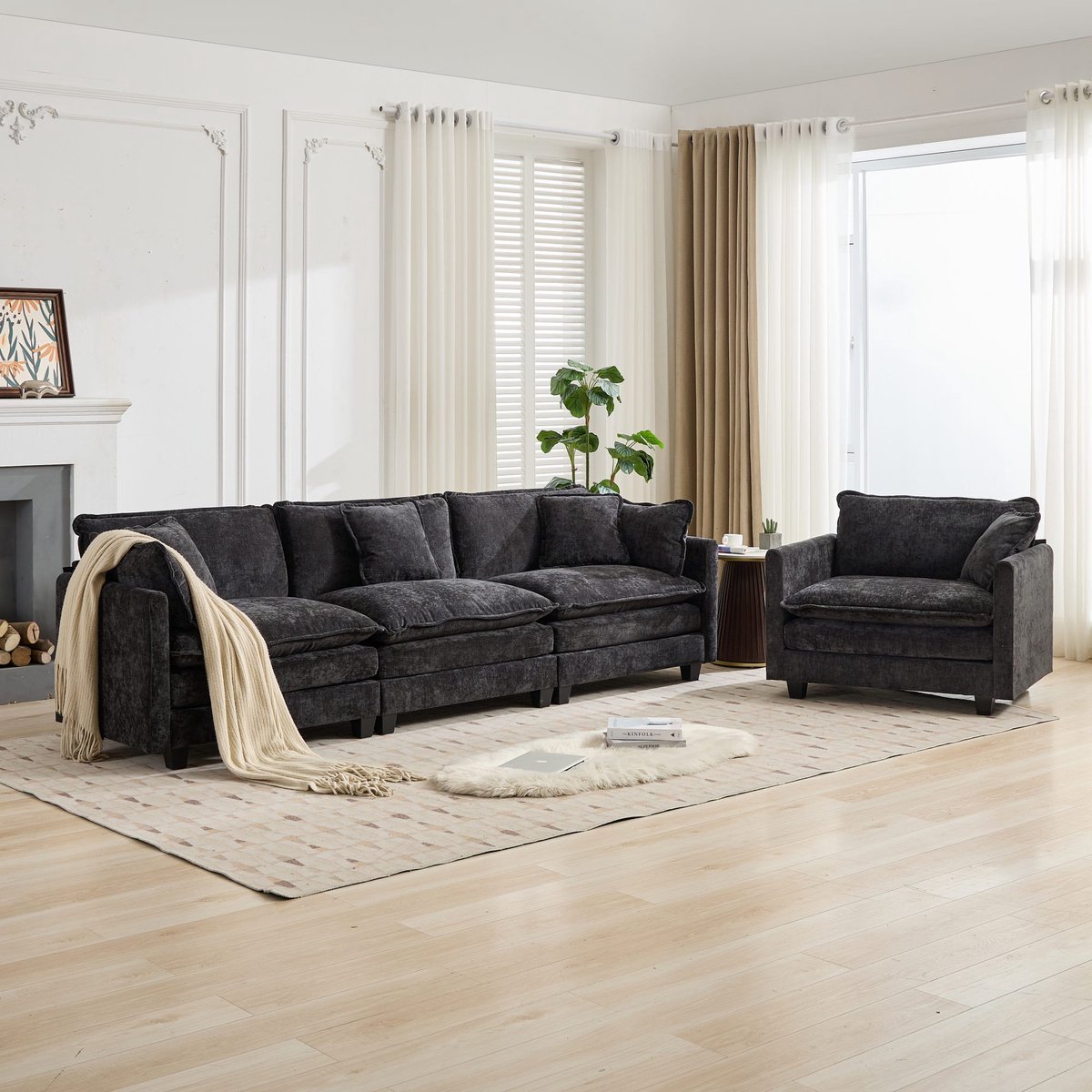 Zitbank - 289 x 75 x 84 cm - chenille bekleding - modulair samen te stellen - met rugkussens - met dikke zitkussens - voor woonkamer en slaapkamer