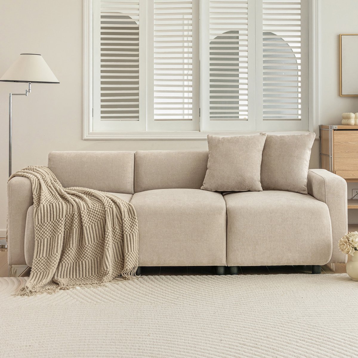 3-zits zitbank - 211 x 67 x 71 cm - chenille bekleding - inclusief kussens - met rugkussens - met stevig frame - voor woonkamer en slaapkamer - Beige