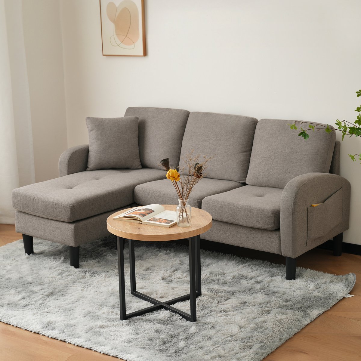 3-zits hoekbank - 166 x 118 x 77 cm - met schuimvulling - modulair samen te stellen - met stevig frame - voor de woonkamer - Donkergrijs