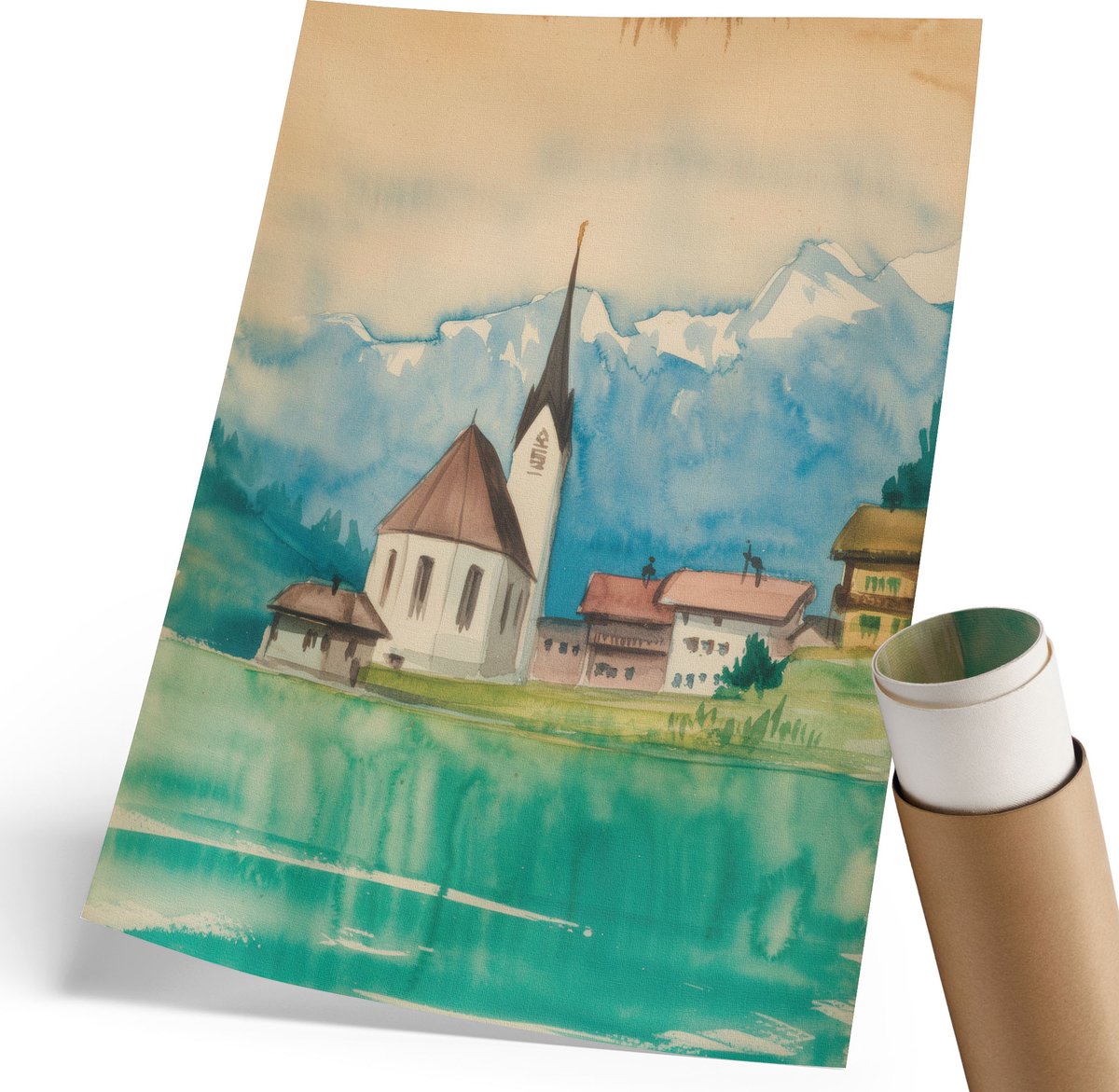 Coloray Polycanvas Wandposter - Bergkerk, Waterverf - 210 x 297 mm - Blauw Wanddecoratie - Rechthoek - Wandkunstwerk - Woonkamer, Slaapkamer, Kantoor - Klassiek
