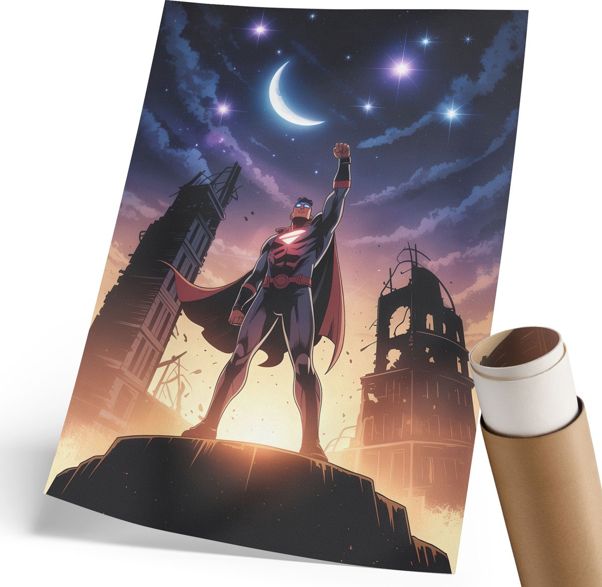 Coloray Polycanvas Wandposter - Superheld 'S Nachts, Illustratie - 210 x 297 mm - Marine Decoratie - Rechthoek - Interieurdecoratie - Woonkamer, Slaapkamer, Kantoor - Popcultuur
