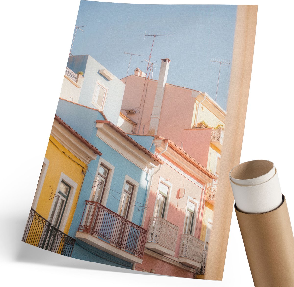 Coloray Polycanvas Poster - Pastelkleurige Gebouwen, Fotografie - 210 x 297 mm - Blauw Design - Rechthoek - Kunstposter - Woonkamer, Slaapkamer, Kantoor - Modern
