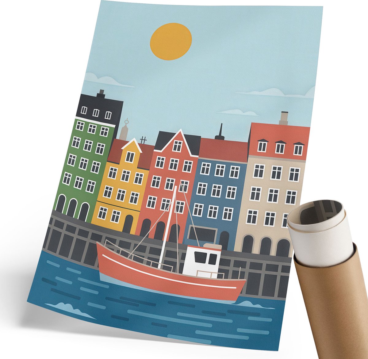 Coloray Canvas Poster Polycanvas - Havenstad, Illustratie - 210 x 297 mm - Blauw Decoratie - Rechthoek - Wandkunst - Woonkamer, Slaapkamer, Kantoor - Kinder