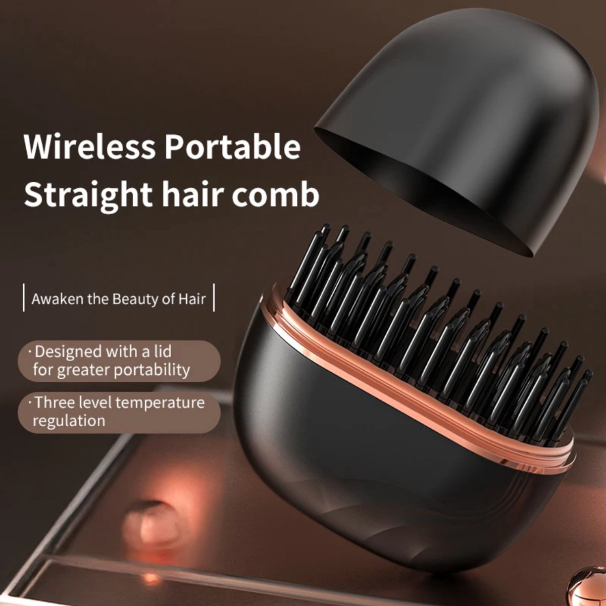 Draadloze Stijlborstel - Zwart - Black – Mini Haarstijler – 3 Warmtestanden – Oplaadbaar - Draadloze To-Go Haarstijlborstel - Oplaadbaar - Anti Pluis - No Frizz - Straight Hair Comb - Wireless - Portable